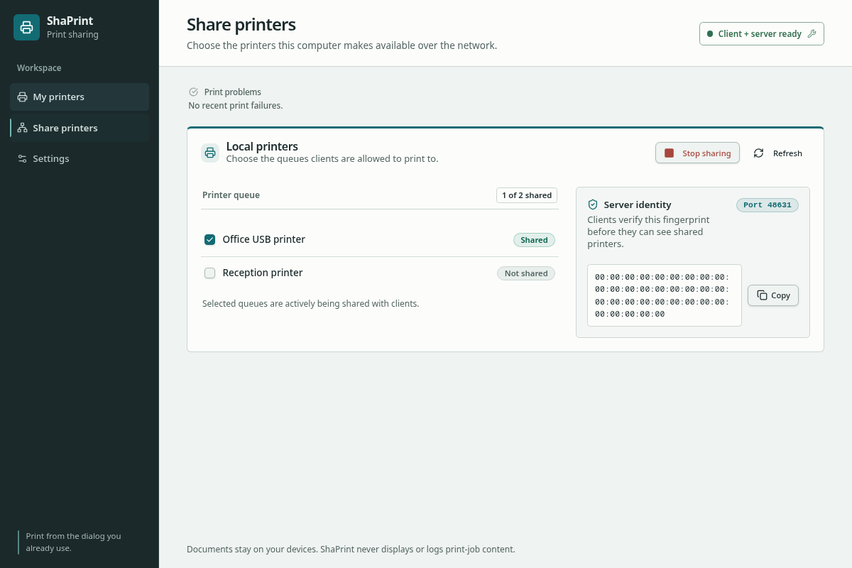 ShaPrint desktop app showing the Share printers screen with an example local printer selected for sharing.